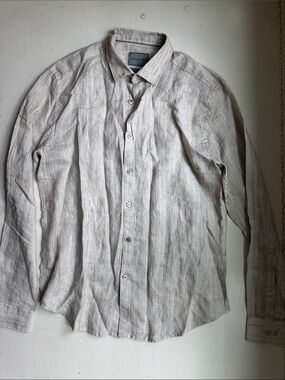 Stitch Note Linen Button-Up Shirt in Light Beige